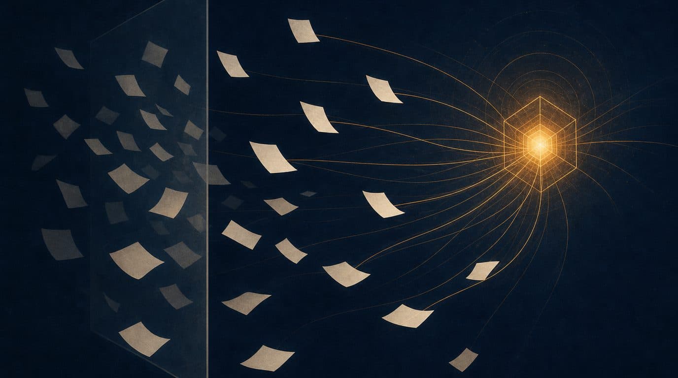 Illustration: blank page tiles drawn by amber threads towards a glowing core, while others are held back behind a glass screen.