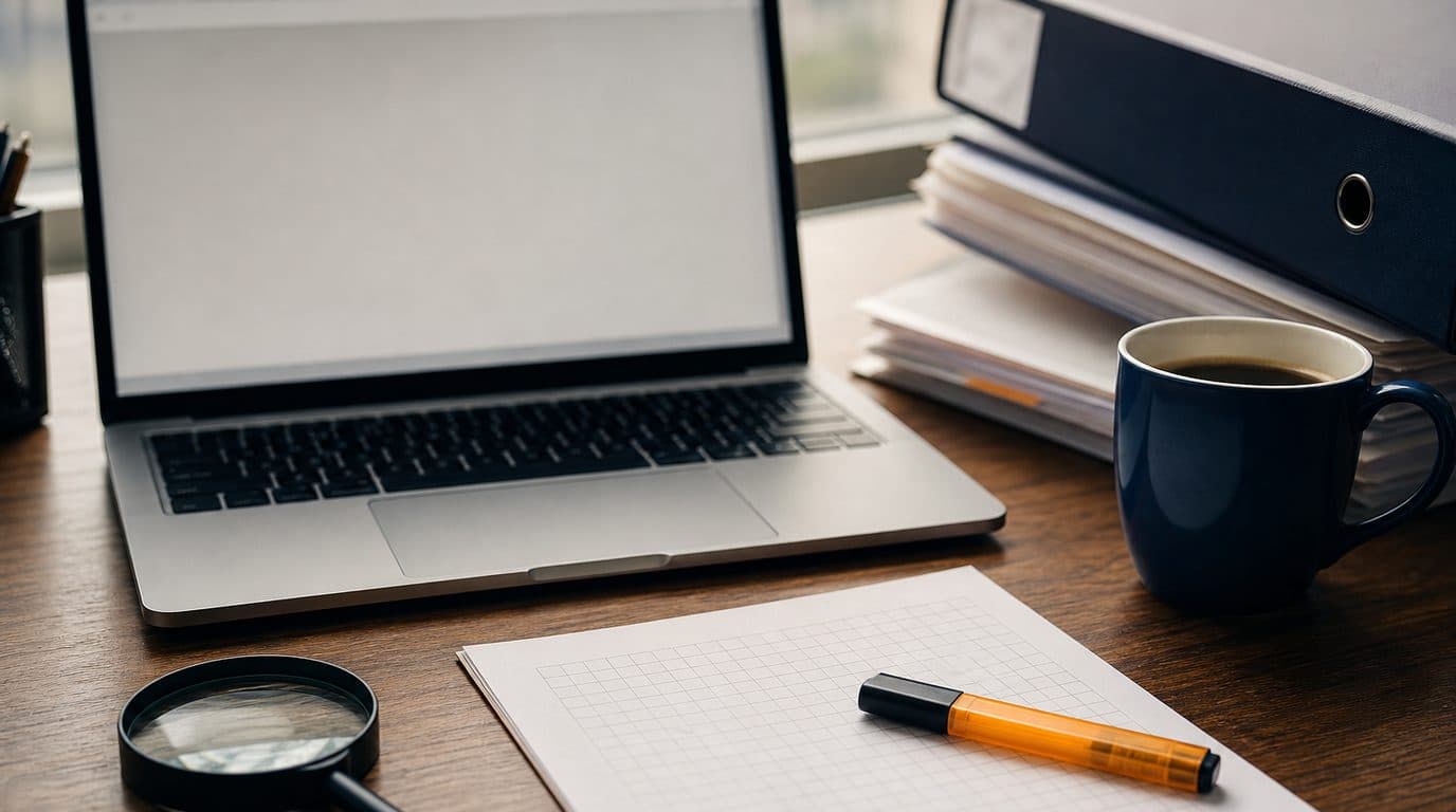 An auditor's desk with an open laptop, grid paper and an amber highlighter, a magnifying glass, a lever-arch file and a coffee mug.