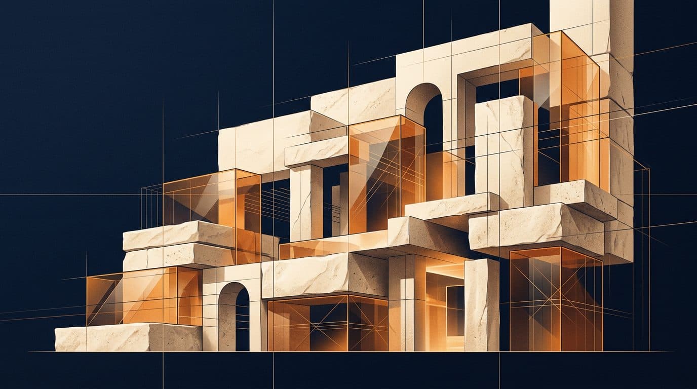 Abstract illustration of ivory stone blocks and amber glass panels on a midnight-navy background.
