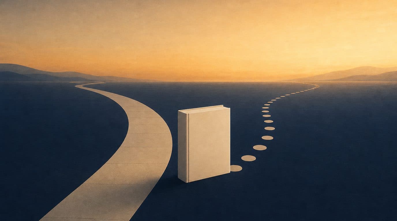 Illustration: a closed ivory book at a fork where a solid road and a dotted path lead towards an amber horizon.