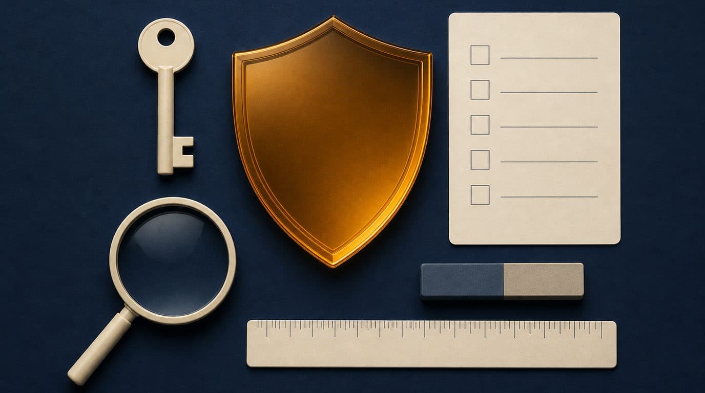 Illustration: a key, a magnifying glass, a ruler and a blank checklist laid out around an amber shield on a navy surface.