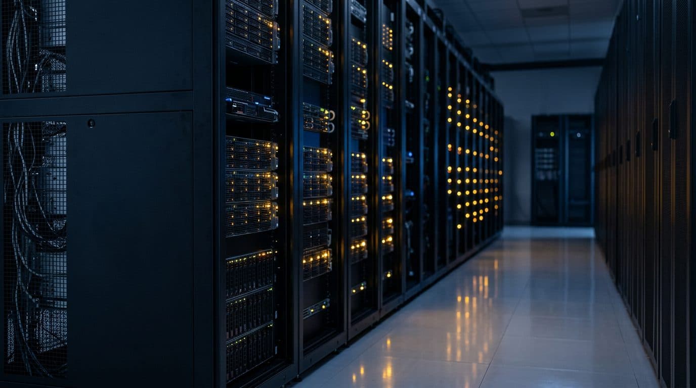 A dimly lit server room aisle with rows of equipment racks and amber indicator lights.