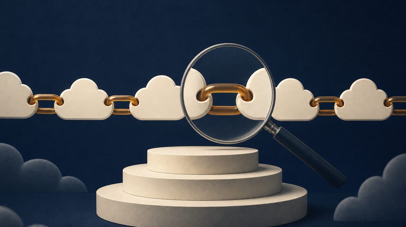 Illustration: a chain of ivory cloud shapes joined by amber links, one link examined under a magnifying glass above a three-tier stand.